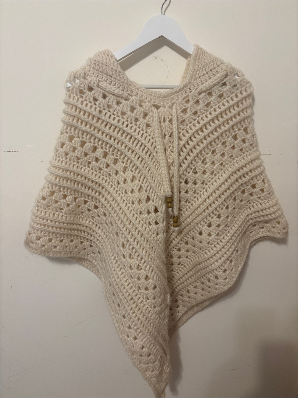 Cream Crochet Hooded Poncho Sweater with Drawstring